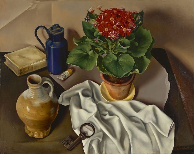 Dolf Breetvelt | Stilleven met plantje, kruik en sleutel, olieverf op doek, 60,4 x 75,1 cm, gesigneerd r.o. en gedateerd '22 (vorm sleutel)