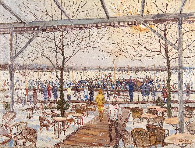 Herman Bieling | Schaatspret op de Bergse Achterplas bij het Plaswijck Paviljoen, Rotterdam, olieverf op doek, 43,5 x 56,6 cm, gesigneerd r.o.