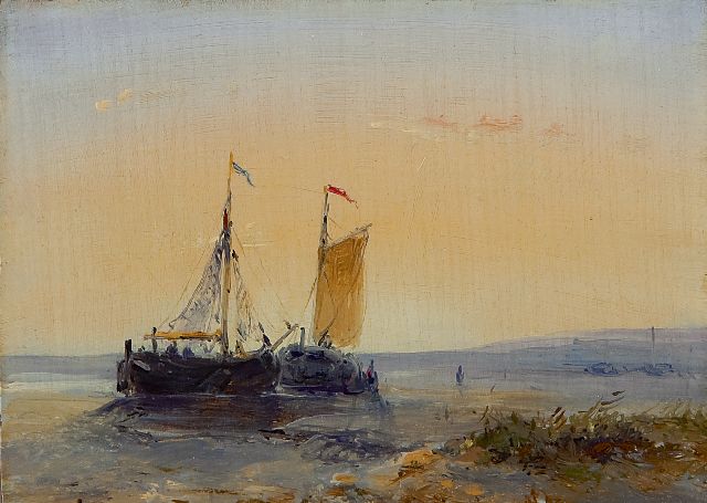 J.G. Hans | Twee bomschuiten op het strand bij zonsondergang, olieverf op paneel, 9,0 x 12,5 cm