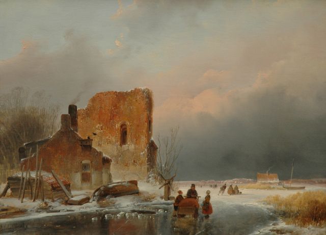 Andreas Schelfhout | IJsgezicht met figuren bij het wak van een ijsvisser, olieverf op paneel, 27,0 x 36,0 cm, gesigneerd l.o., en verso met brandmerk en verso gedateerd 1839