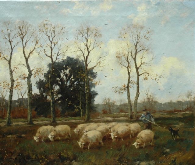 Nefkens M.J.  | Herder en hond met kudde schapen, olieverf op doek 50,0 x 61,0 cm, gesigneerd l.o.
