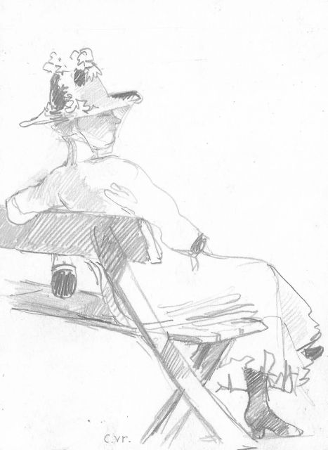 Cornelis Vreedenburgh | Jonge vrouw op een bankje in het park, potlood op papier, 15,9 x 12,0 cm, gesigneerd l.v.h.m. met initialen