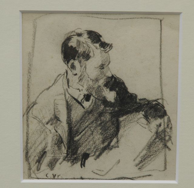 Cornelis Vreedenburgh | Kunstenaar aan het werk, zwart krijt op papier, 12,1 x 11,3 cm, gesigneerd l.o. met initialen