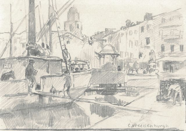 Cornelis Vreedenburgh | Havengezicht Zuid Frankrijk, potlood op papier, 9,3 x 14,9 cm, gesigneerd r.o.