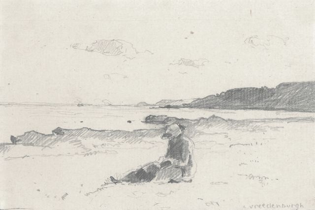 Cornelis Vreedenburgh | Vrouw lezend op het strand, potlood op papier, 9,1 x 14,0 cm, gesigneerd r.o.
