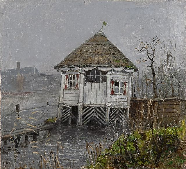 Harm Kamerlingh Onnes | Theekoepeltje aan het water, olieverf op doek op paneel, 33,1 x 36,5 cm, gesigneerd l.o. met monogram en verso voluit op etiket en gedateerd '48