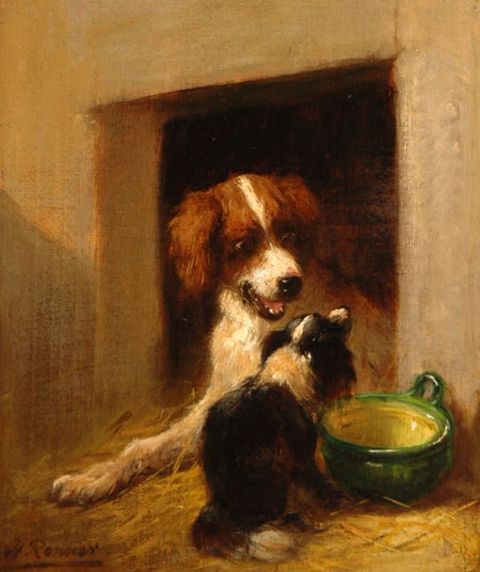Henriette Ronner-Knip | Onverwacht bezoek, olieverf op paneel, 17,4 x 14,7 cm, gesigneerd l.o.