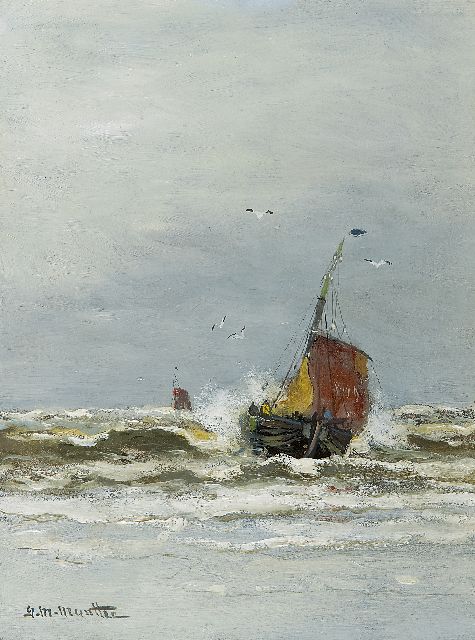 Morgenstjerne Munthe | Binnenkomende Katwijkse bomschuiten, olieverf op schildersboard, 23,9 x 18,2 cm, gesigneerd l.o.