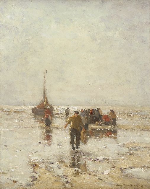 Morgenstjerne Munthe | Na de vangst bij eb, olieverf op doek, 51,3 x 40,5 cm, gesigneerd r.o. en gedateerd '17