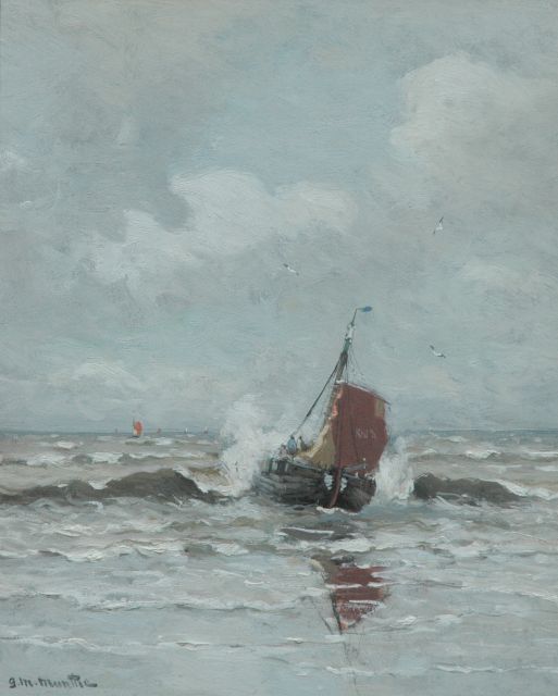 Morgenstjerne Munthe | Zeegezicht met aankomende bomschuit, Katwijk, olieverf op paneel, 40,0 x 32,1 cm, gesigneerd l.o.