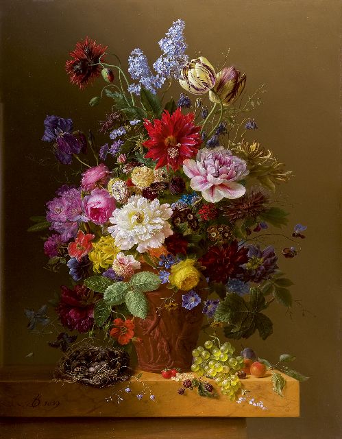 Arnoldus Bloemers | Bloemen in een terracotta vaas op een marmeren blad, olieverf op paneel, 104,2 x 81,4 cm, gesigneerd l.o. met monogram en gedateerd 1839