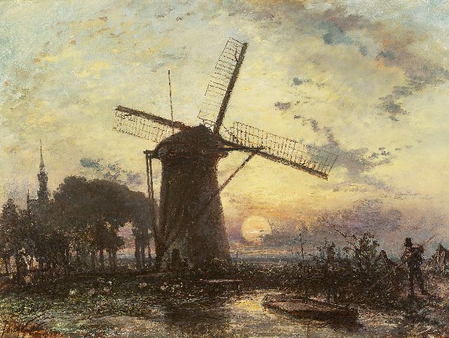 Johan Barthold Jongkind | Molen bij zonsondergang bij Overschie, olieverf op doek, 42,3 x 56,2 cm, gesigneerd l.o. en gedateerd 1859