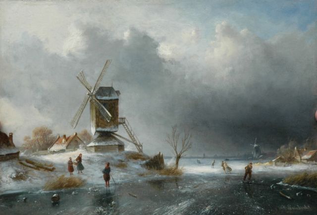 Charles Leickert | Molen langs een bevroren vaart, olieverf op paneel, 26,0 x 38,0 cm, gesigneerd r.o.