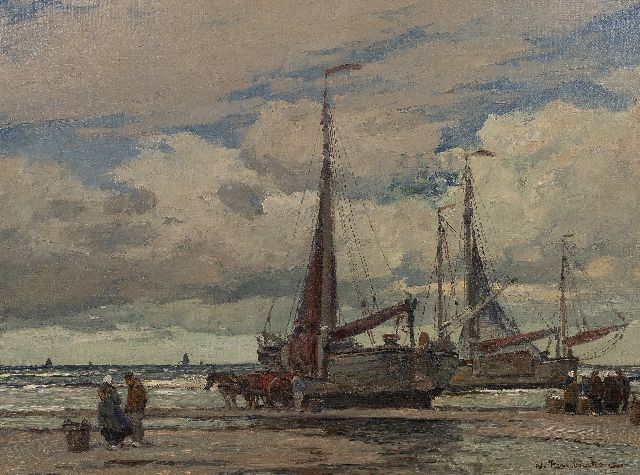 Wilhem Hambüchen | Het uitladen van de vangst, olieverf op doek, 65,6 x 96,0 cm, gesigneerd r.o.