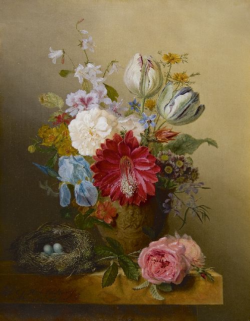 Gabriël Henriques de Castro | Pronkboeket met vogelnestje, olieverf op doek, 55,9 x 44,2 cm, gesigneerd l.o. en gedateerd 1837