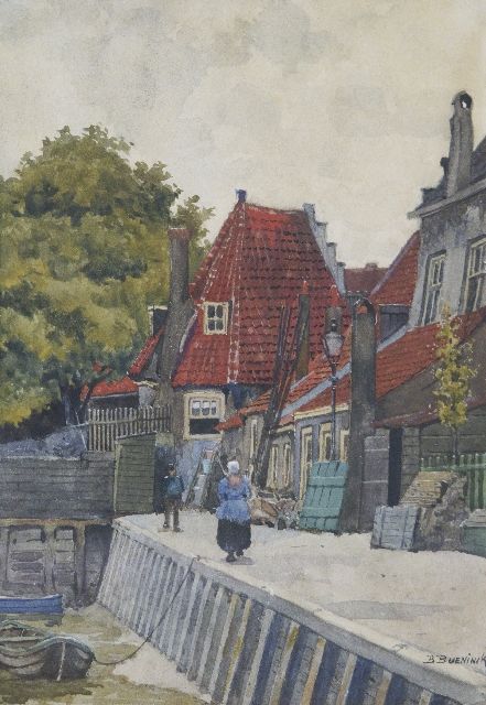 Bernard Bueninck | Figuren bij een sluisje, aquarel op papier, 26,7 x 18,2 cm, gesigneerd r.o.