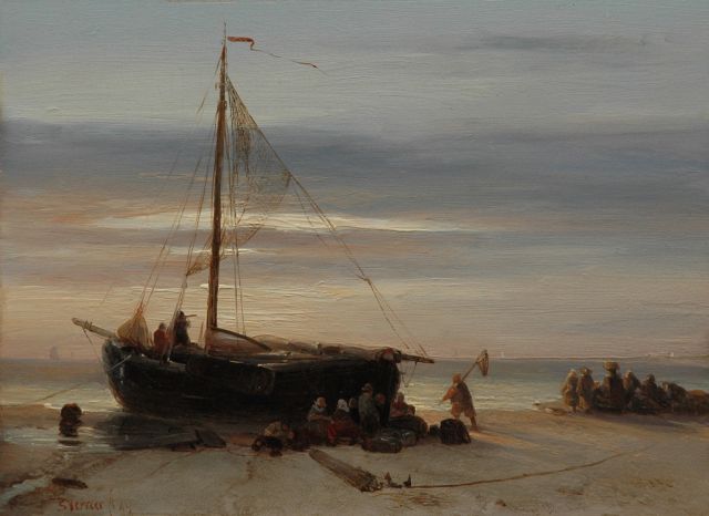Salomon Verveer | Visafslag op het strand bij zonsondergang, olieverf op paneel, 17,9 x 24,1 cm, gesigneerd l.o. en gedateerd '43