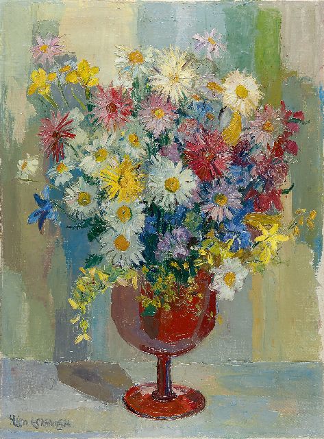 Stien Eelsingh | Margrieten in rode vaas, olieverf op doek, 80,0 x 60,2 cm, gesigneerd l.o. en te dateren 1950-1955
