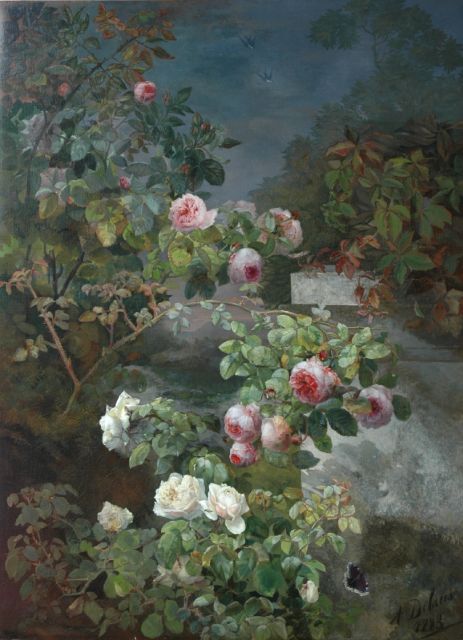 Alexandre Debrus | Rozen bij een tuinmuur met vlinder, olieverf op doek, 125,7 x 92,0 cm, gesigneerd r.o. en gedateerd 1883