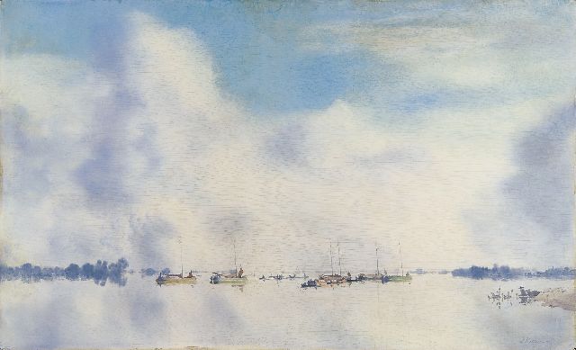 Jan Voerman sr. | IJsselgezicht met tjalken en zandtrekkers, olieverf op board, 45,5 x 75,1 cm, gesigneerd r.o.