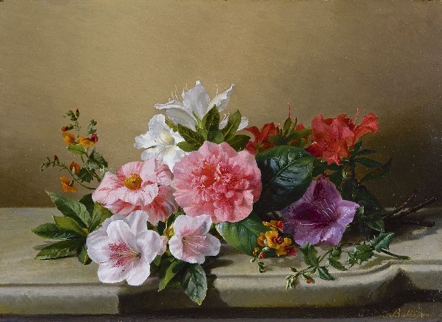 Gerardine van de Sande Bakhuyzen | Stilleven met azaleatakken en pioenroos op een stenen blad, olieverf op paneel, 28,2 x 38,9 cm, gesigneerd r.o.