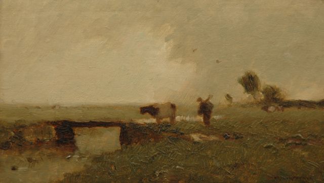 Aris Knikker | Boer met koe bij buiig weer, olieverf op paneel, 13,9 x 23,8 cm, gesigneerd r.o.