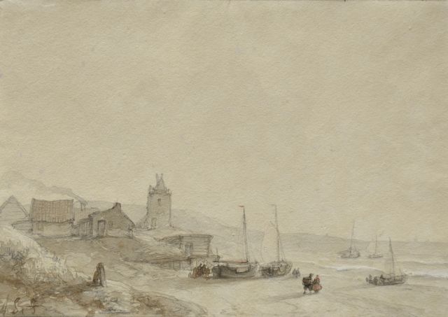 Andreas Schelfhout | Vissersvolk en bomschuiten op het strand, gewassen inkt en aquarel op papier, 13,0 x 19,0 cm, gesigneerd l.o. met initialen