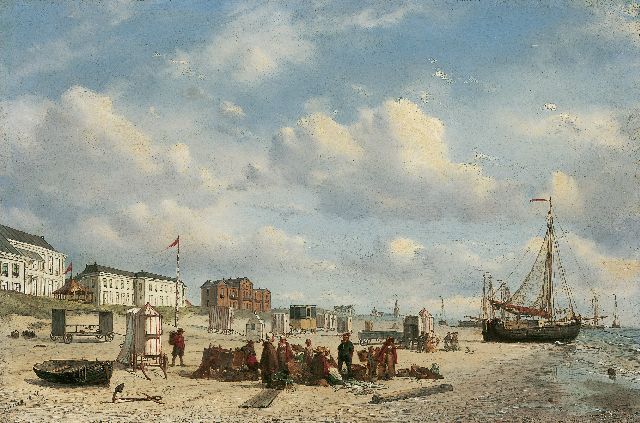 Petrus Paulus Schiedges | Een visafslag en elegant gezelschap op het strand van Scheveningen, olieverf op paneel, 28,8 x 43,5 cm, gesigneerd l.o. en gedateerd '58