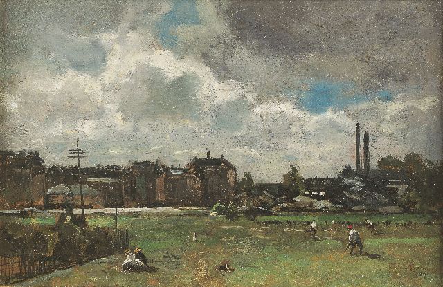 Jan van Essen | Het oude cricketveld achter het Rijksmuseum, Amsterdam, olieverf op doek op paneel, 17,6 x 26,6 cm, gesigneerd r.o. en gedateerd 1891