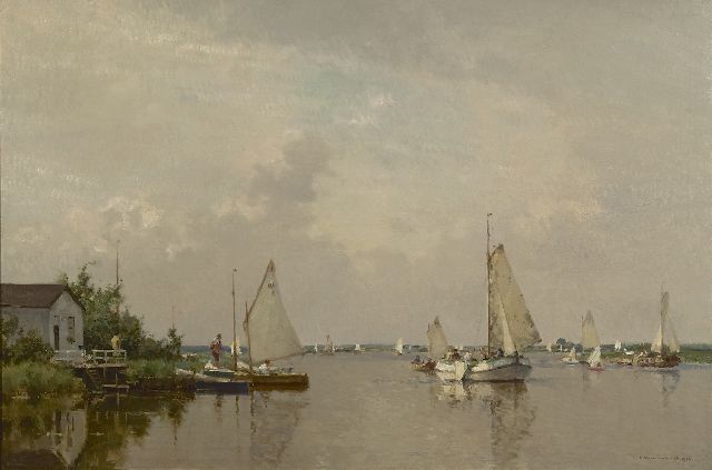 Cornelis Vreedenburgh | Gezicht op een plas met lemsteraak en andere zeilboten, olieverf op doek, 60,2 x 90,2 cm, gesigneerd r.o. en gedateerd 1936