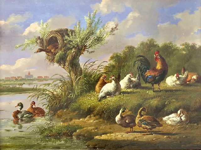 Albertus Verhoesen | Pluimvee aan het water, olieverf op paneel, 20,7 x 27,0 cm