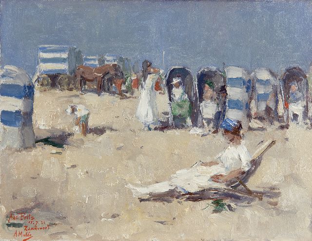 Adriaan Miolée | Een dagje aan het strand, Zandvoort, olieverf op board, 26,8 x 34,8 cm, gesigneerd l.o. en gedateerd 15.7.21