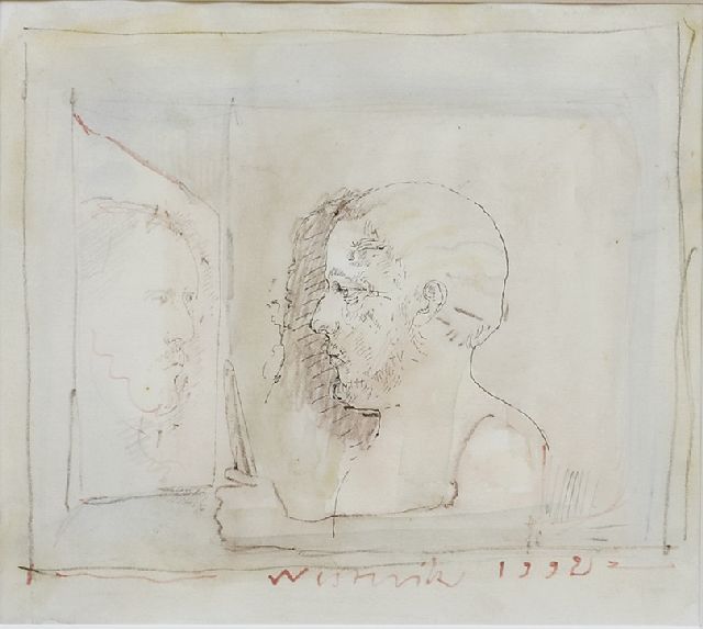 Westerik J.  | Man met mes en spiegelbeeld, aquarel, krijt en inkt op Japans papier 19,0 x 21,0 cm, gesigneerd m.o. en gedateerd 1992