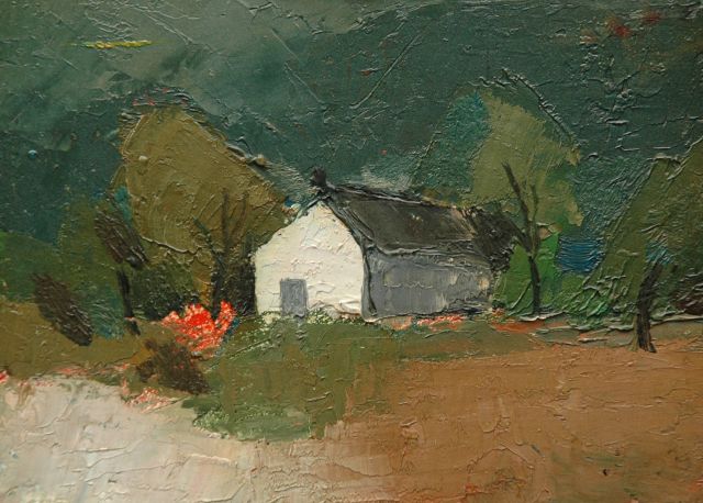 Toon Hermans | Boerderij, olieverf op board, 13,0 x 17,9 cm, gesigneerd r.o. (vaag)