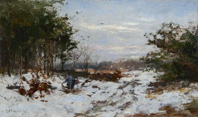 Johan Frederik Cornelis Scherrewitz | Houtsprokkelaar in winters duinlandschap, olieverf op paneel, 24,9 x 42,0 cm, gesigneerd l.o.
