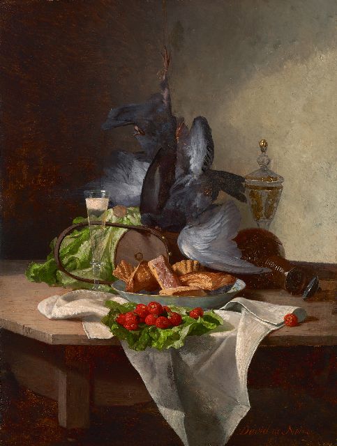 David de Noter | Stilleven met groente, pastei en wild, olieverf op paneel, 30,4 x 22,8 cm, gesigneerd r.o.