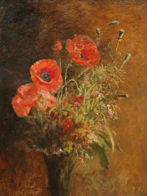 Gerardine van de Sande Bakhuyzen | Stilleven met klaprozen, olieverf op schildersboard op paneel, 48,0 x 36,2 cm, gesigneerd l.o. met initialen