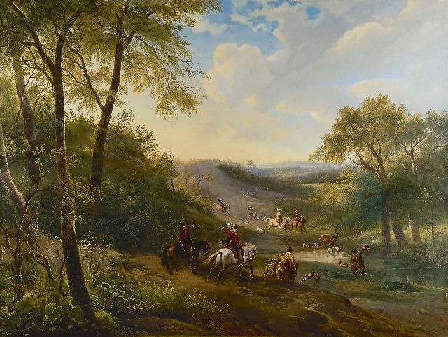 Wijnand Nuijen | Hertenjacht in een beekvallei, olieverf op paneel, 66,5 x 88,5 cm, gesigneerd r.o.
