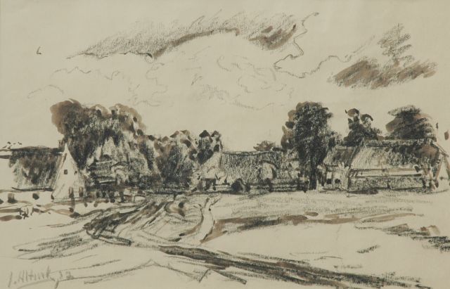 Jan Altink | Boerderijen, zwart krijt en gewassen inkt op papier, 31,8 x 48,7 cm, gesigneerd l.o. en gedateerd '32