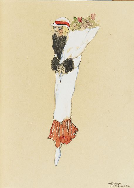 Herman Moerkerk | Modieuze vrouw met bloemen, krijt en aquarel op papier, 19,4 x 13,9 cm, gesigneerd r.o.