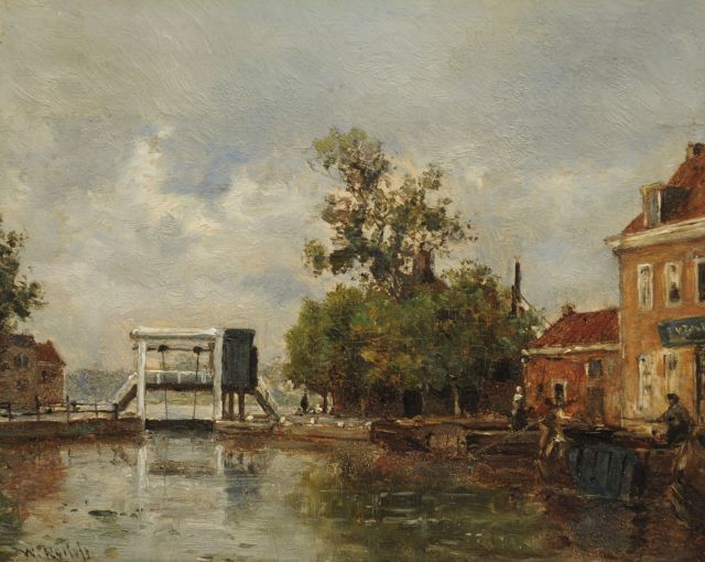 Willem Roelofs | Afgemeerde platbodems bij sluisje in Leidschendam, olieverf op paneel, 15,3 x 18,6 cm, gesigneerd l.o.