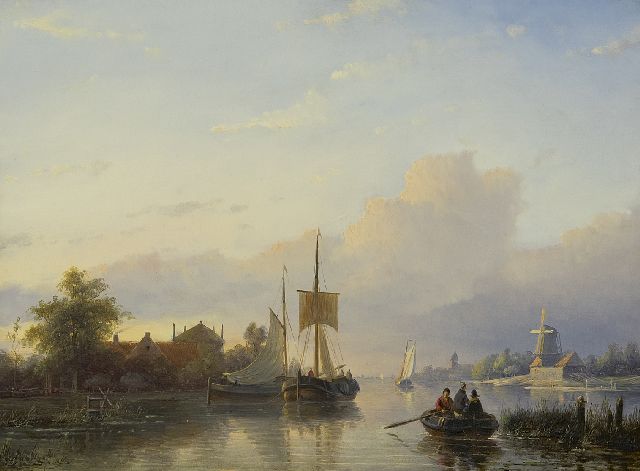 Jan Jacob Spohler | Zomers riviergezicht met schepen en roeiboot - pendant van 14101, olieverf op paneel, 32,5 x 43,7 cm, gesigneerd l.o.