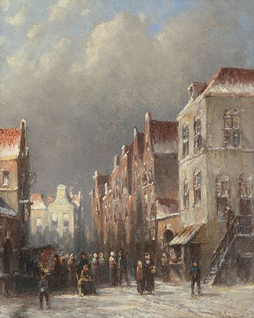 Petrus Gerardus Vertin | Drukbevolkt winters straatje met figuren bij een kraam, olieverf op paneel, 22,1 x 17,7 cm, gesigneerd r.o. en gedateerd '92