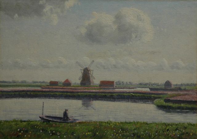 Charles Ludwig Stricker | Landschap bij Nieuwer-Amstel, met de Koenenmolen en bollenvelden, olieverf op doek op board, 24,5 x 34,5 cm, gesigneerd r.o. en te dateren mei 1918