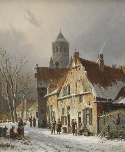 Adrianus Eversen | Winters stadsgezicht met figuren, olieverf op doek, 44,7 x 36,7 cm, gesigneerd r.o.