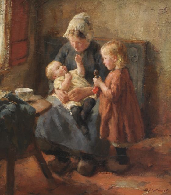 Bernard Pothast | Samen spelen met het popje, olieverf op doek, 34,9 x 30,4 cm, gesigneerd r.o.