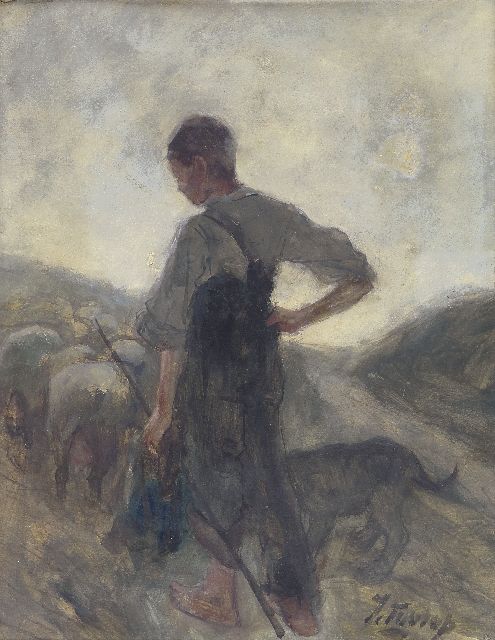 Jan Toorop | Schaapherder met hond en kudde, aquarel op papier, 40,4 x 31,1 cm, gesigneerd r.o. en te dateren ca. 1884
