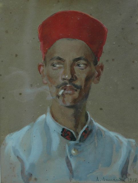 Franse School | Rokende man met fez, aquarel op papier, 26,3 x 20,0 cm, gesigneerd r.o. 'A. Armand' en gedateerd 1917