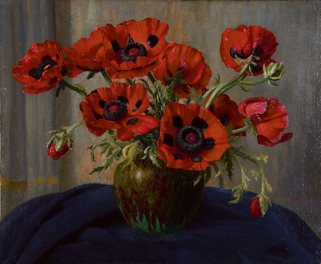 Piet Cottaar | Klaprozen in een siervaas, olieverf op doek, 54,8 x 66,8 cm, gesigneerd r.o.