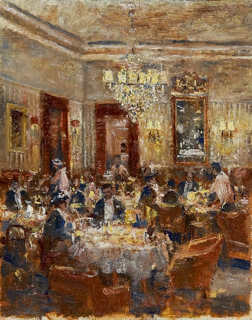 Rolf Dieter Meyer-Wiegand | Feestelijke avond in het restaurant, olieverf op paneel, 30,0 x 23,9 cm, gesigneerd l.o.